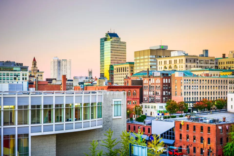 The skyline of downtown Worcester, Massachusetts reveals urban densities and variety of building types.